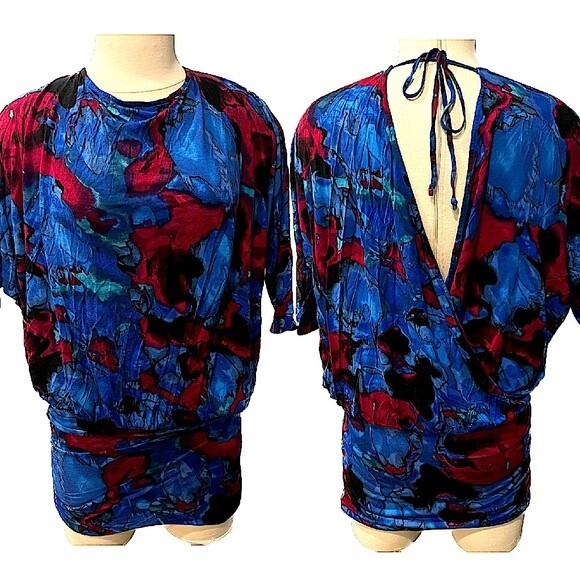 Express Blue & Red Marble Dyed Print Draped Back 3/4 Sleeve Tunic Blouse Size XS - Picture 1 of 12